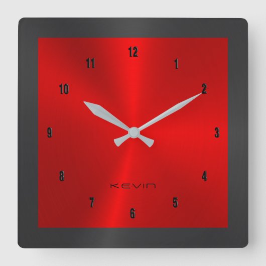 Black & Red & Metallic Stainless Steel Square W Quadratische Wanduhr (Vorderseite)