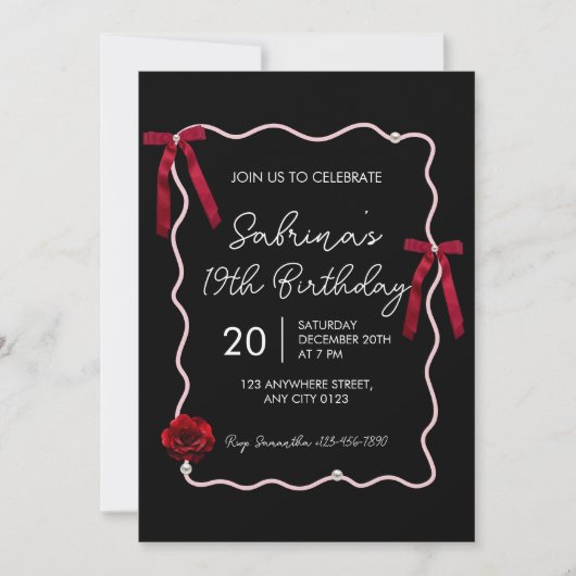 Black Red Modern Coquette 19th Birthday Invitation Einladung (Vorderseite)