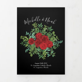 Black & Red Peony & Rose Floral Wedings Programs Dreifach-gefaltete Programmkarte