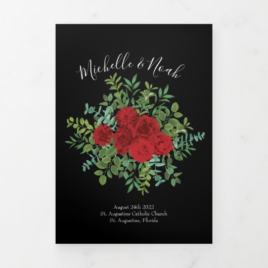 Black & Red Peony & Rose Floral Wedings Programs Dreifach-gefaltete Programmkarte (Cover)