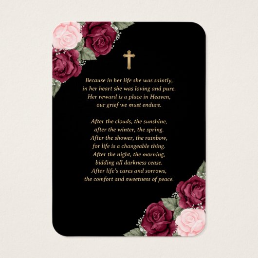Black Red Pink Gold Floral Beerdigung Gebetkarte (Rückseite)