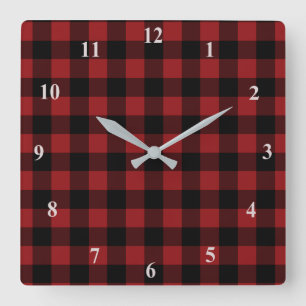 Black & Red Plaid Checked Quadratische Wanduhr