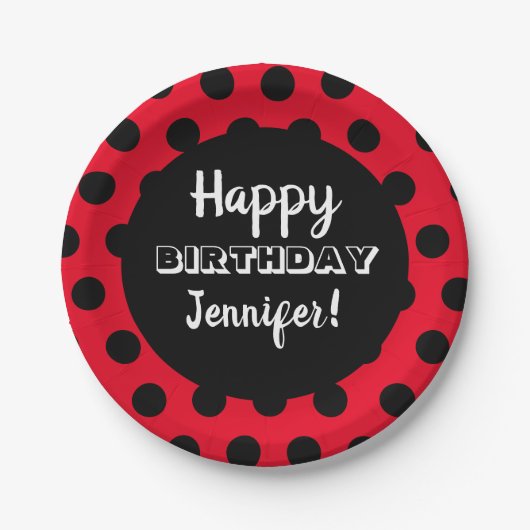 Black & Red Polka Dot Custom Birthday Pappteller (Vorderseite)