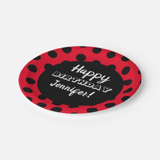 Black & Red Polka Dot Custom Birthday Pappteller (Schrägansicht)
