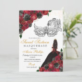Black Red Princess Tiara Masquerade Sweet 16 Einladung (Stehend Vorderseite)