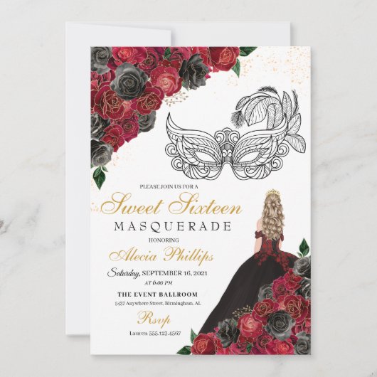 Black Red Princess Tiara Masquerade Sweet 16 Einladung (Vorderseite)