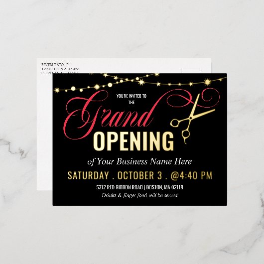 Black Red Ribbon Cutting Grand Opening Gold Foil Folie Einladungspostkarte (Vorderseite/Rückseite)
