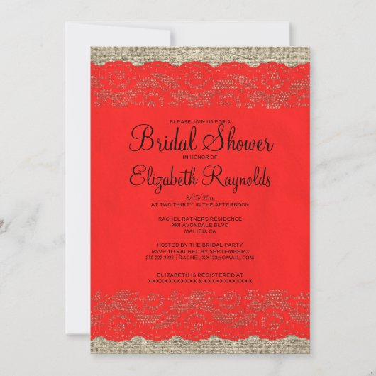 Black & Red Rustic Lace Bridal Einladungen (Vorderseite)