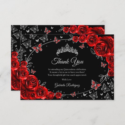 Black Red Silver Quinceanera Dankeskarte (Vorne/Hinten)