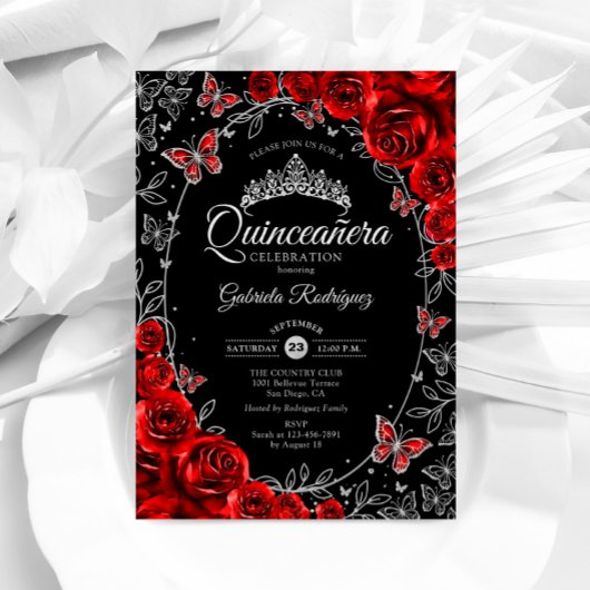 Black Red Silver Quinceanera Einladung