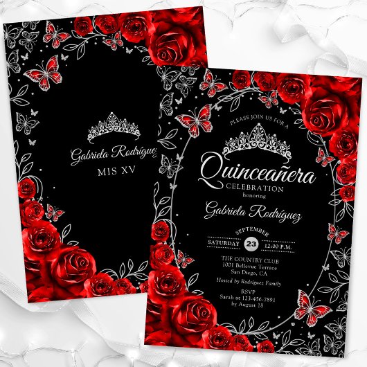 Black Red Silver Quinceanera Einladung