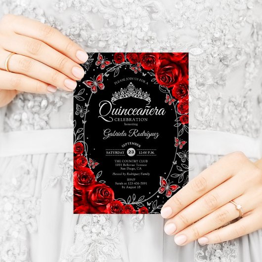 Black Red Silver Quinceanera Einladung