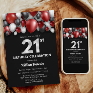 Black Red Silver & White 21. Geburtstag Einladung