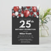 Black Red Silver & White 25. Geburtstag Einladung (Stehend Vorderseite)