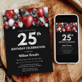 Black Red Silver & White 25. Geburtstag Einladung