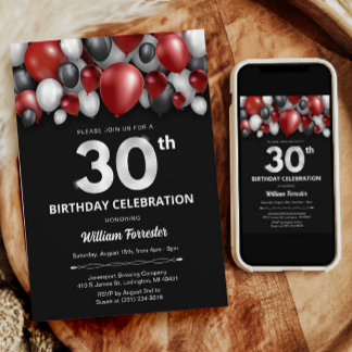 Black Red Silver & White 30. Geburtstag Einladung