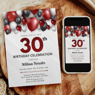 Black Red Silver & White 30. Geburtstag Einladung