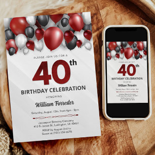 Black Red Silver & White 40. Geburtstag Einladung