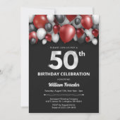 Black Red Silver & White 50. Geburtstag Einladung (Vorderseite)