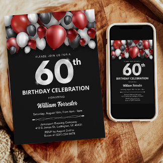 Black Red Silver & White 60. Geburtstag Einladung