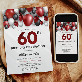 Black Red Silver & White 60. Geburtstag Einladung