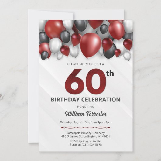 Black Red Silver & White 60. Geburtstag Einladung (Vorderseite)