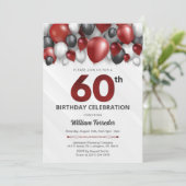 Black Red Silver & White 60. Geburtstag Einladung (Stehend Vorderseite)
