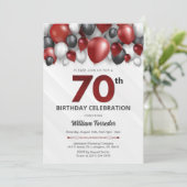 Black Red Silver & White 70. Geburtstag Einladung (Stehend Vorderseite)
