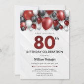 Black Red Silver & White 80. Geburtstag Einladung (Vorderseite)