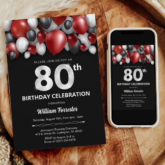 Black Red Silver & White 80. Geburtstag Einladung