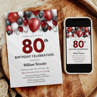Black Red Silver & White 80. Geburtstag Einladung