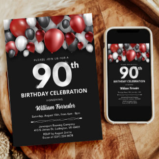 Black Red Silver & White 90. Geburtstag Einladung