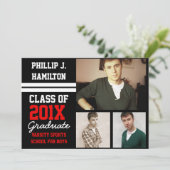 Black/Red Sporty Boys 3 Foto Abschluss Einladung (Stehend Vorderseite)