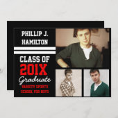 Black/Red Sporty Boys 3 Foto Abschluss Einladung (Vorne/Hinten)