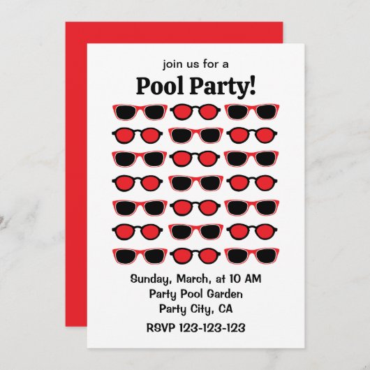 Black Red Sunglasses Summer Pool Party Einladung (Vorne/Hinten)