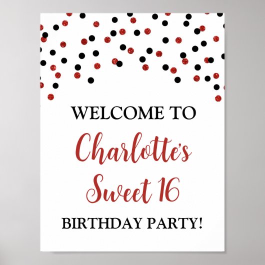 Black Red Sweet 16 Birthday Custom 8.5x11 Poster (Vorne)