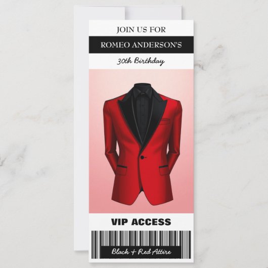 Black Red Tuxedo Birthday Ticket Einladung (Vorderseite)