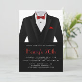 Black Red Tuxedo Mens 70th Birthday Party Einladung (Stehend Vorderseite)