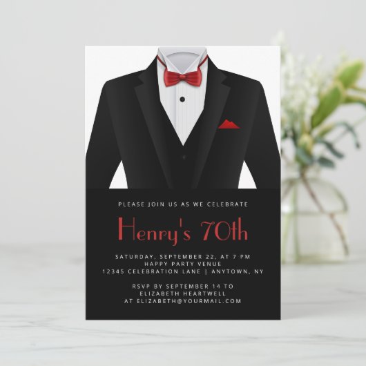 Black Red Tuxedo Mens 70th Birthday Party Einladung (Stehend Vorderseite)