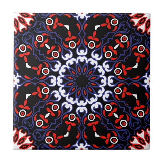 Black Red White Blue Ethnic Boho Mosaik Muster Fliese (Vorderseite)