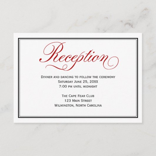Black Red White Calligraphy Wedding Reception Card Begleitkarte (Vorderseite)