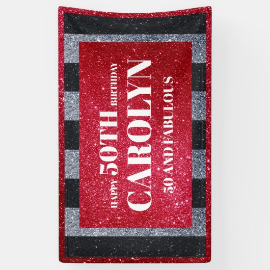 Black Red White Glitzern Birthday Party Banner (Vertikal)