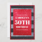 Black Red White Glitzern Birthday Party Einladung (Vorderseite)