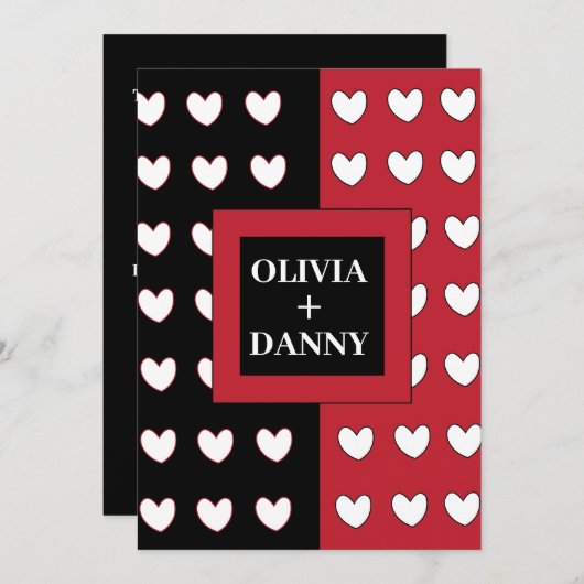 Black Red White Hearts Muster Moderne Hochzeit Einladung (Vorne/Hinten)