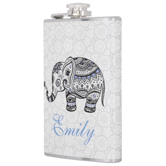 Black Retro Blume & Elephant Blue Diamonds Flachmann (Links)