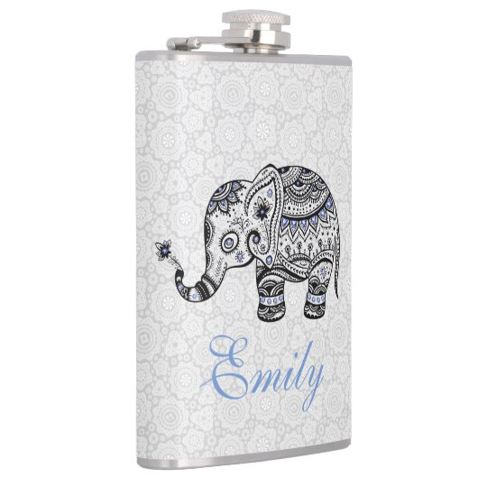 Black Retro Blume & Elephant Blue Diamonds Flachmann (Rechts)