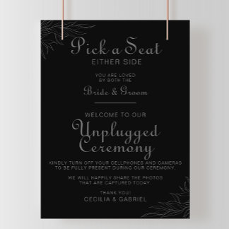 Black Retro Boho Leaf Hochzeit Unplugged Zeremonie Poster