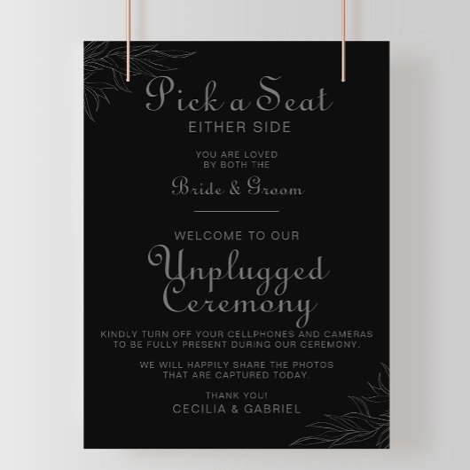Black Retro Boho Leaf Hochzeit Unplugged Zeremonie Poster