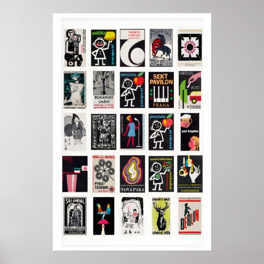 Black Retro matchbox labels wall art, grid Poster (Vorne)
