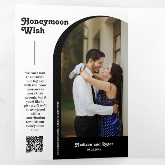Black Retro Script Boho Arch Foto QR Code Wedding Dreifach Gefaltete Einladung (Innen Erste Seite)
